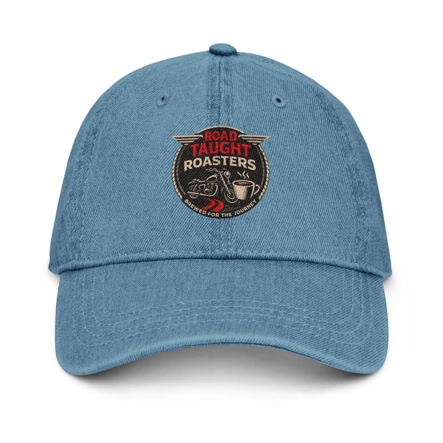 Blue denim cap with Road Taught Roasters logo