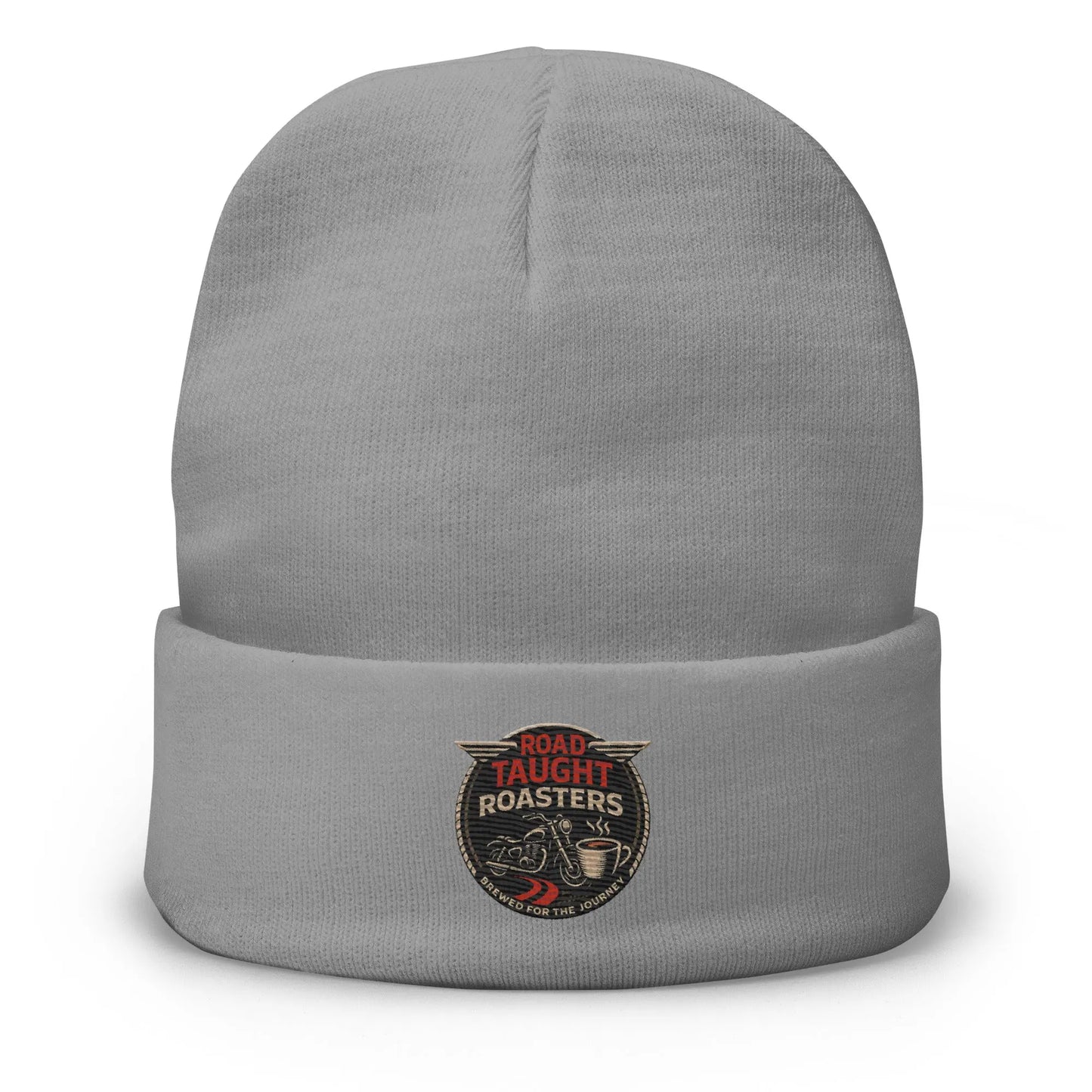Gray beanie with 'Road Taught Roasters' logo