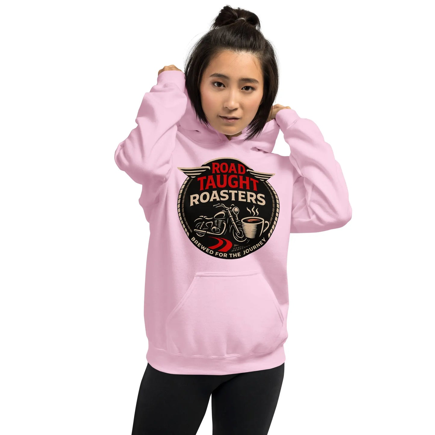 Pink hoodie with 'Road Taught Roasters' logo