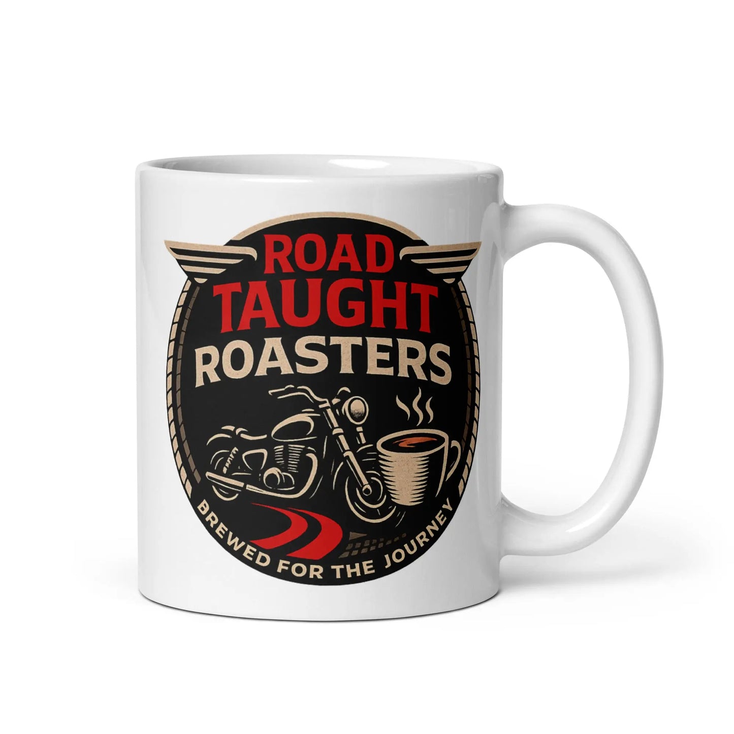 White mug with 'Road Taught Roasters' design featuring a motorcycle and coffee cup