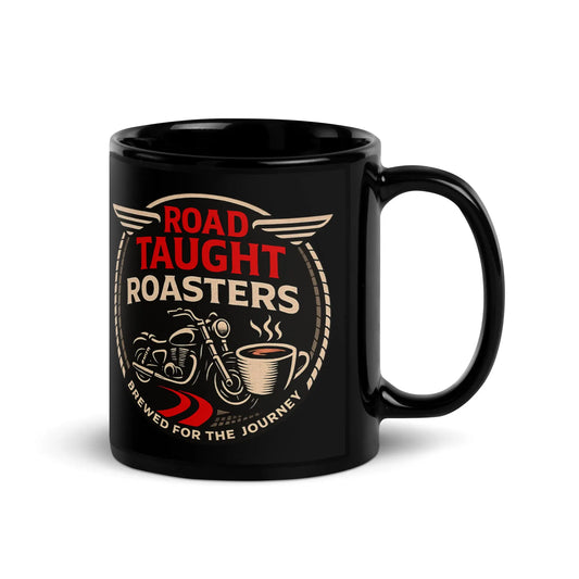 Black mug with 'Road Taught Roasters' design featuring a motorcycle and coffee cup 