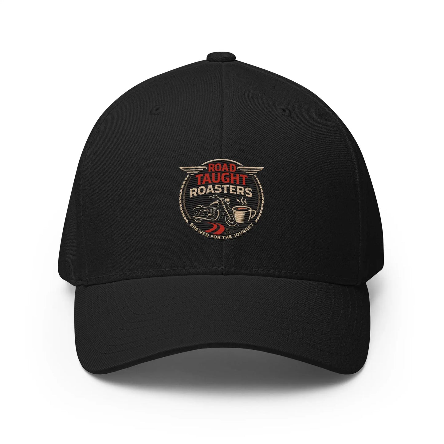 Black cap featuring 'Road Taught Roasters' logo 
