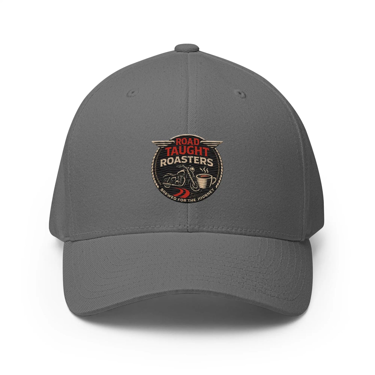 Grey cap featuring 'Road Taught Roasters' logo 