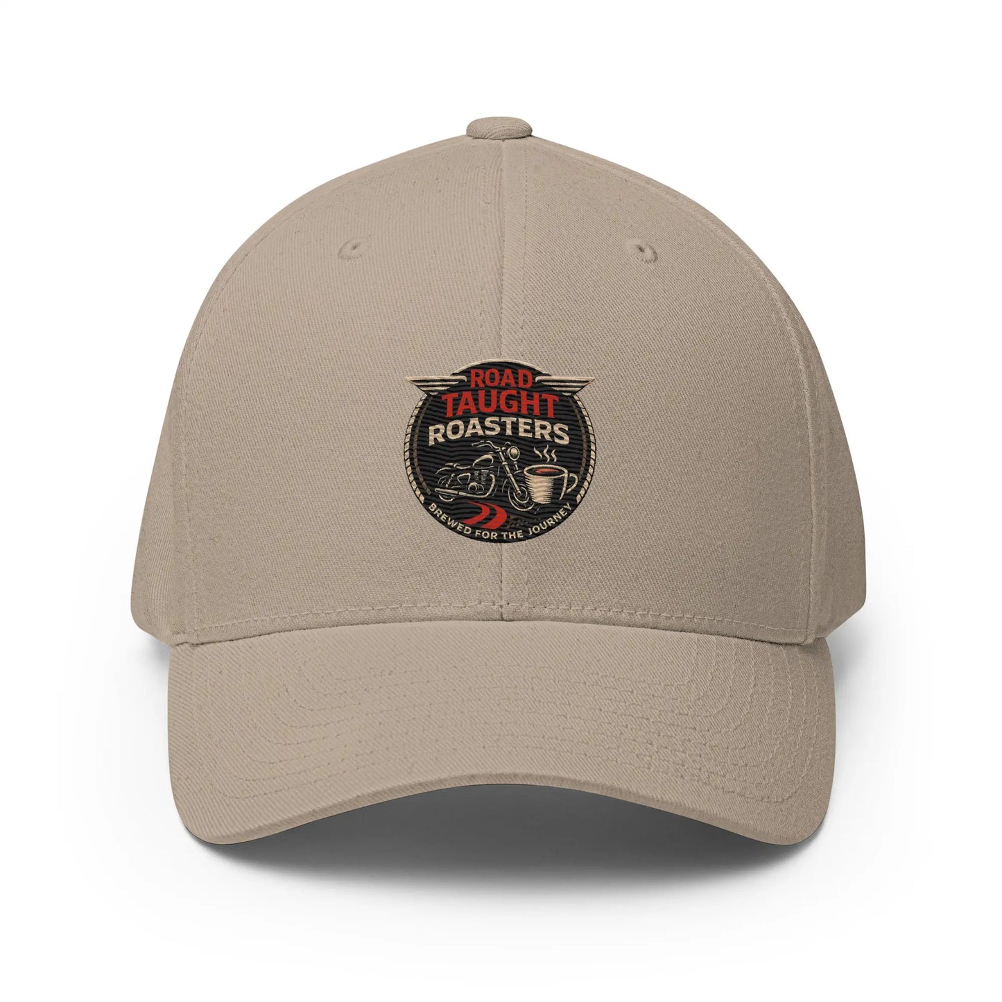 Khaki cap featuring 'Road Taught Roasters' logo 