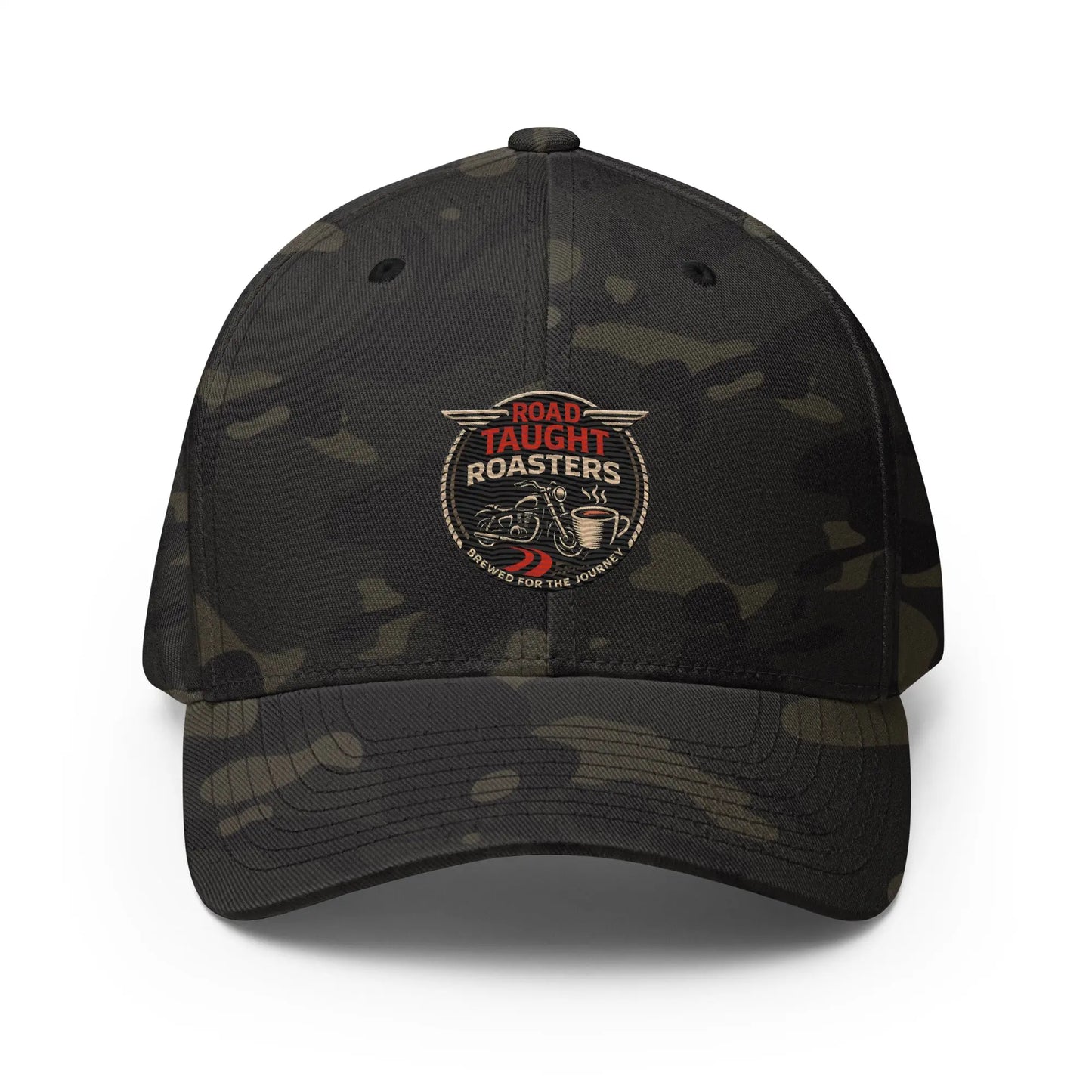 Camouflage baseball cap with a gold emblem 