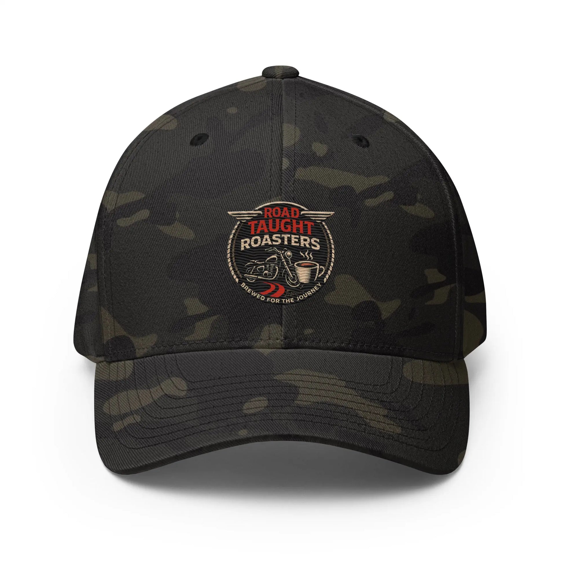 Camouflage baseball cap with a gold emblem 