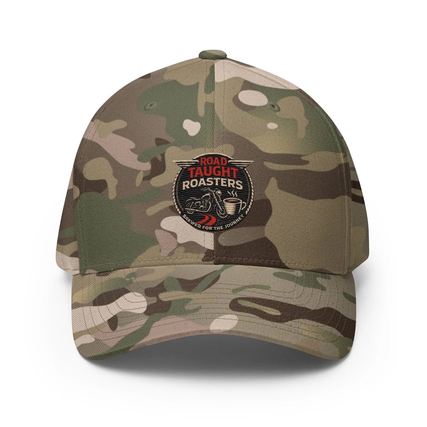 Camouflage cap featuring 'Road Taught Roasters' logo 