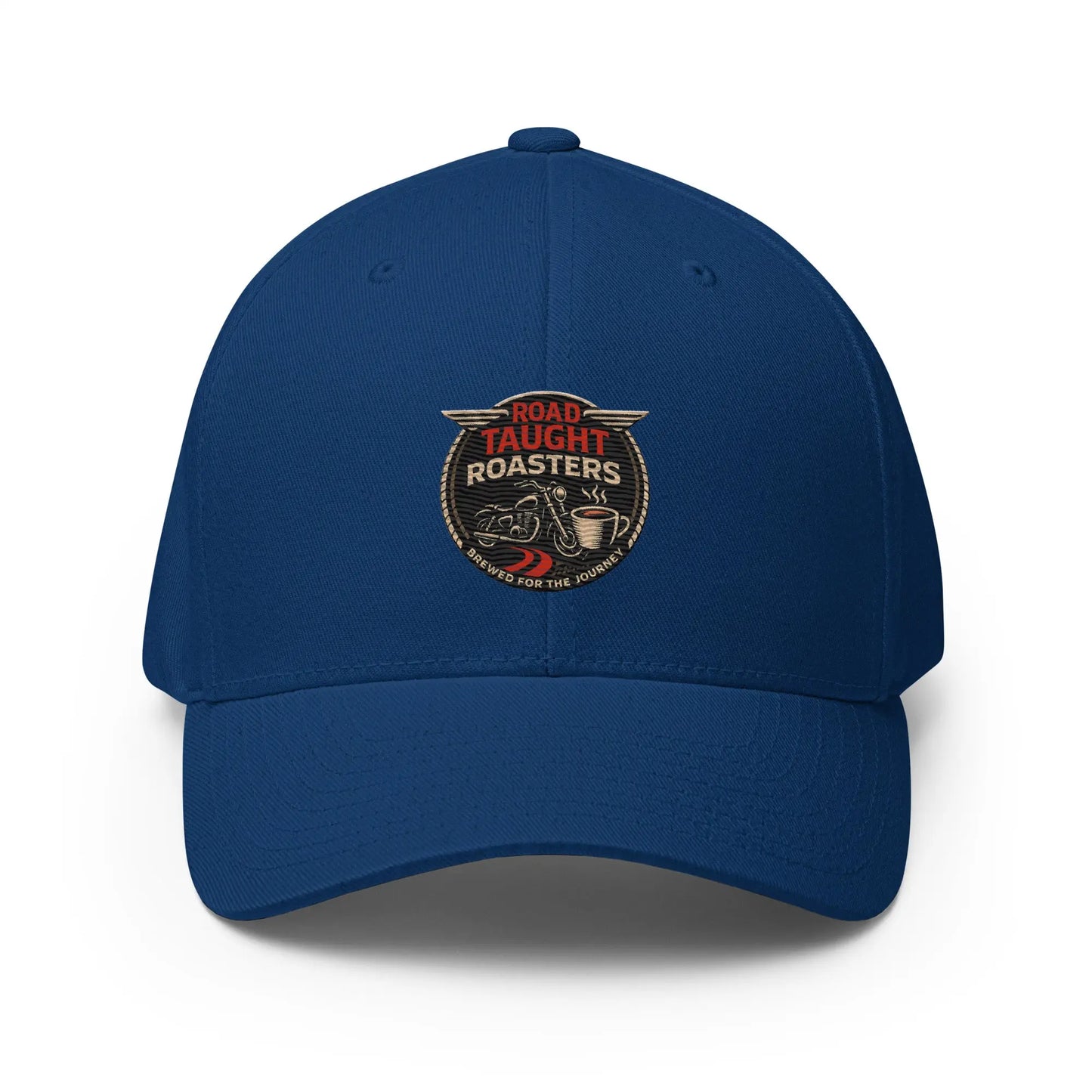 Blue cap featuring 'Road Taught Roasters' logo 