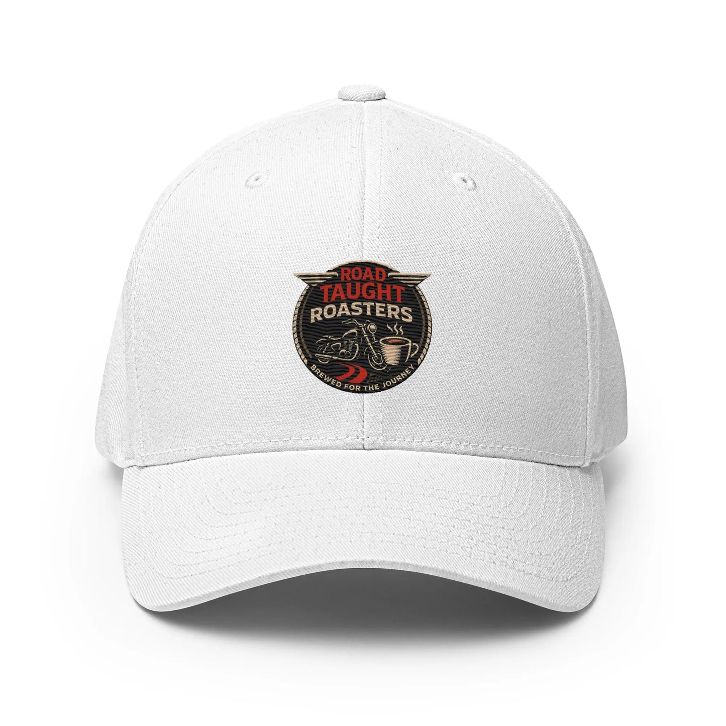 White cap featuring 'Road Taught Roasters' logo 