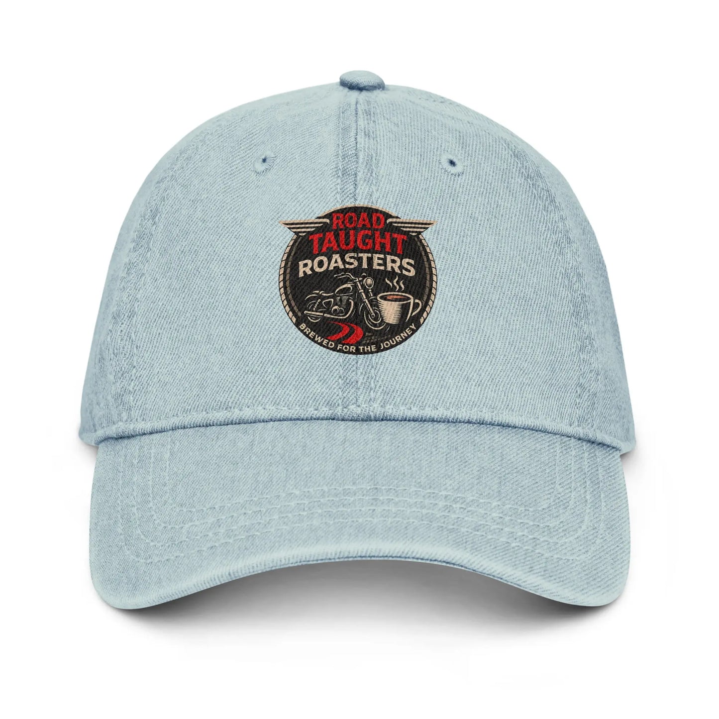 Light blue denim cap with Road Taught Roasters logo