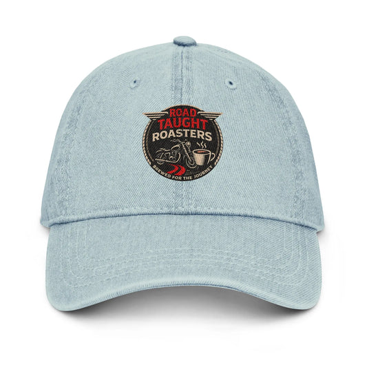 Light blue denim cap with Road Taught Roasters logo