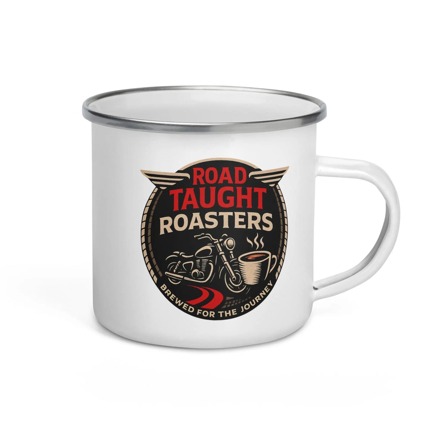 White enamel mug with 'Road Taught Roasters' logo 