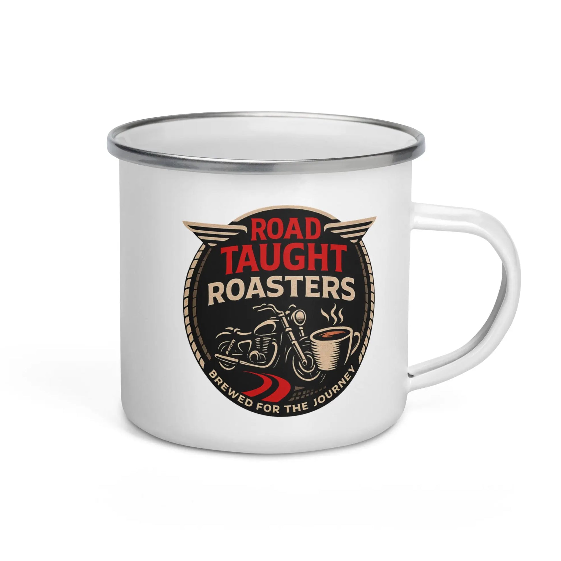 White enamel mug with 'Road Taught Roasters' logo 