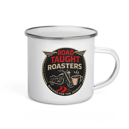 White enamel mug with 'Road Taught Roasters' logo 