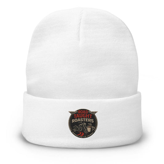 White beanie with Road Taught Roasters logo 