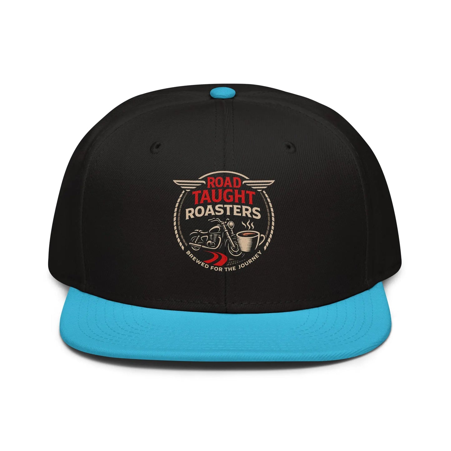 Black and blue cap with 'Road Taught Roasters' logo