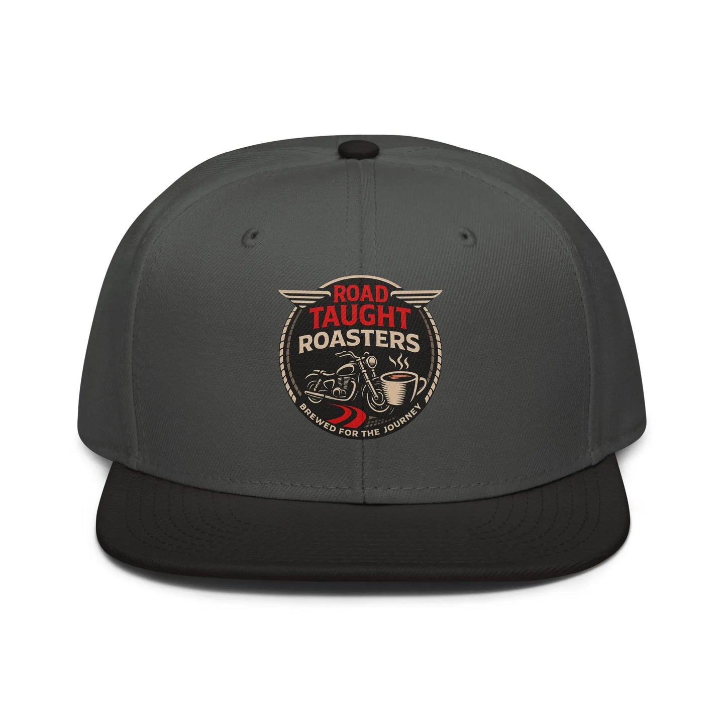 Dark gray cap and black brim with 'Road Taught Roasters' logo 