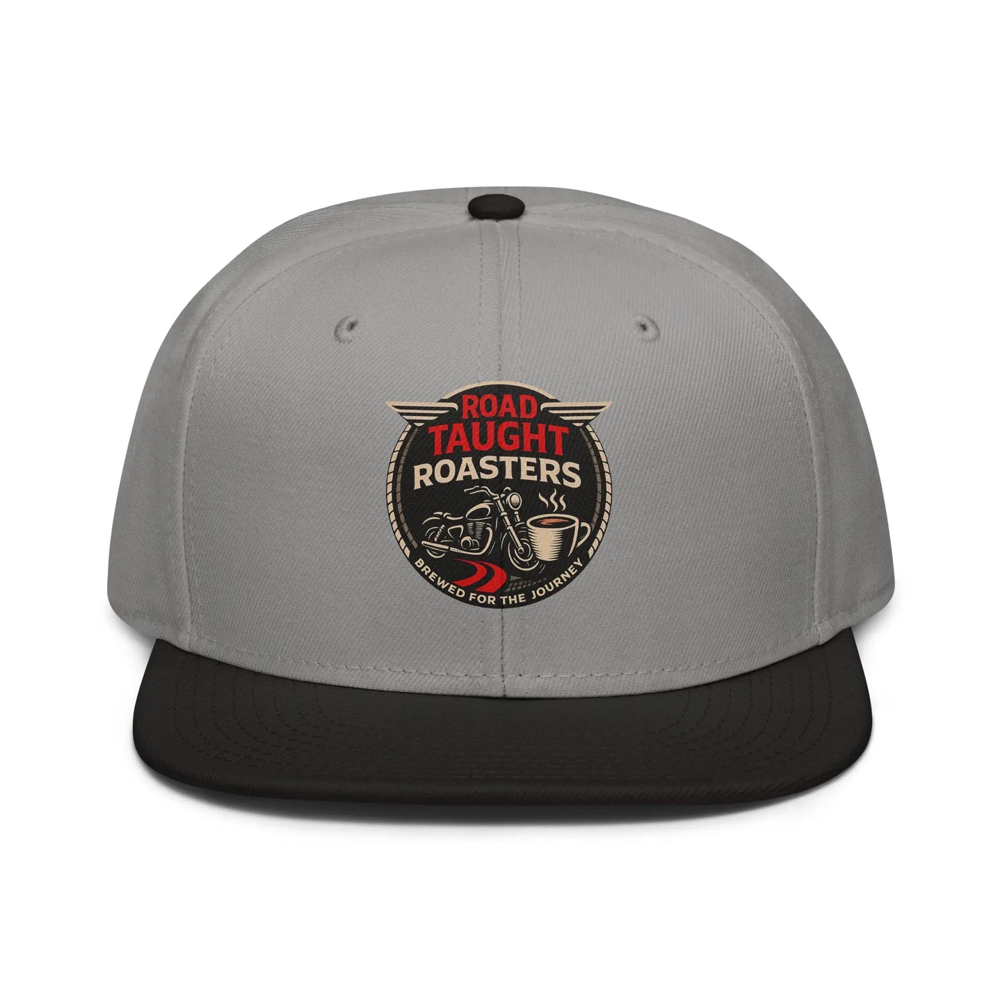 Gray cap with black brim featuring 'Road Taught Roasters' logo 