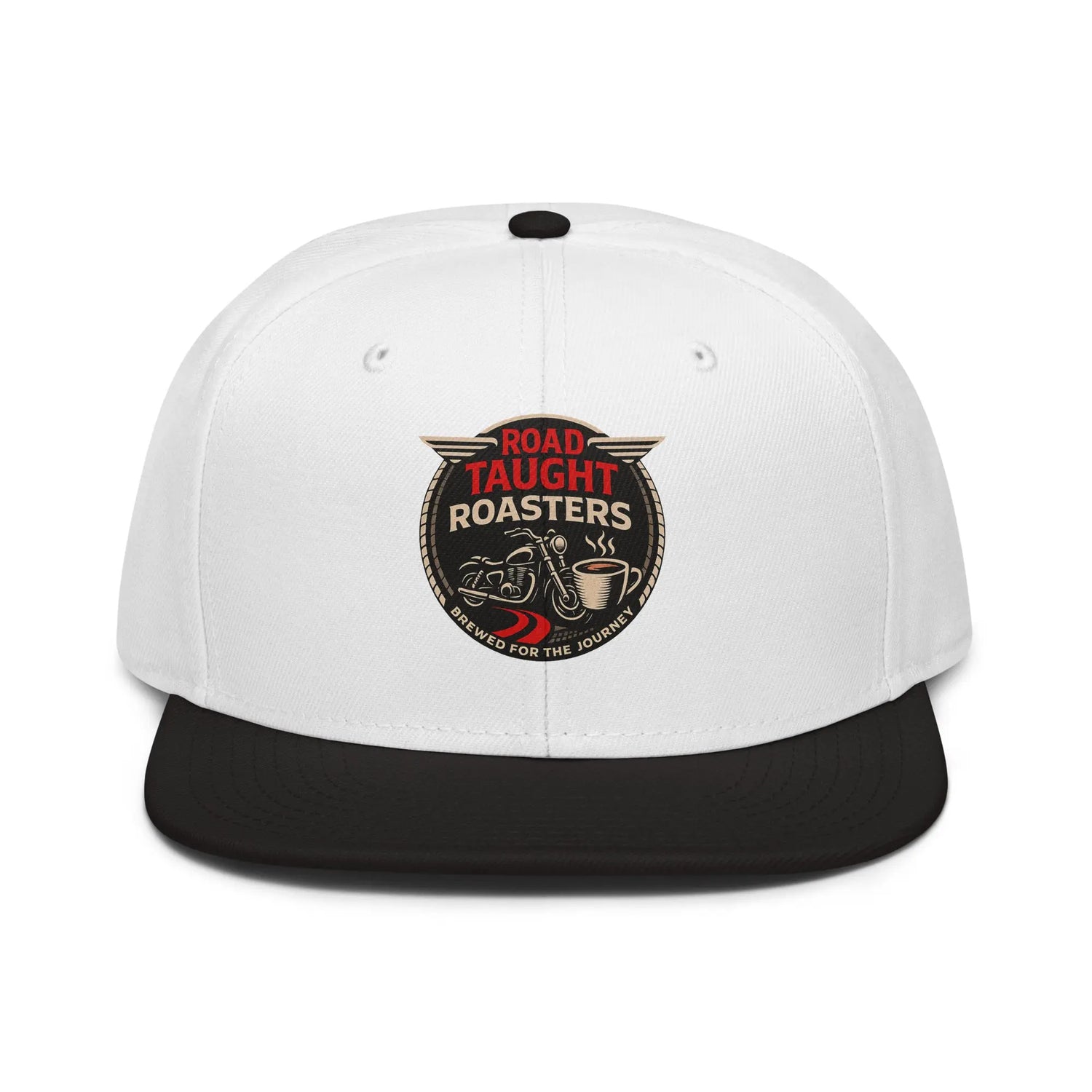 White cap with black brim featuring 'Road Taught Roasters' logo 