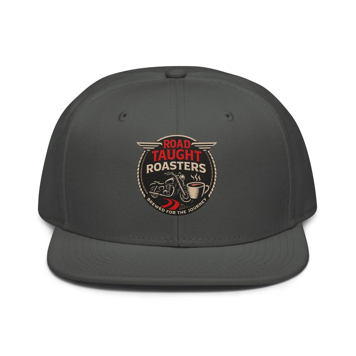 Charcoal cap with Road Taught Roasters logo 