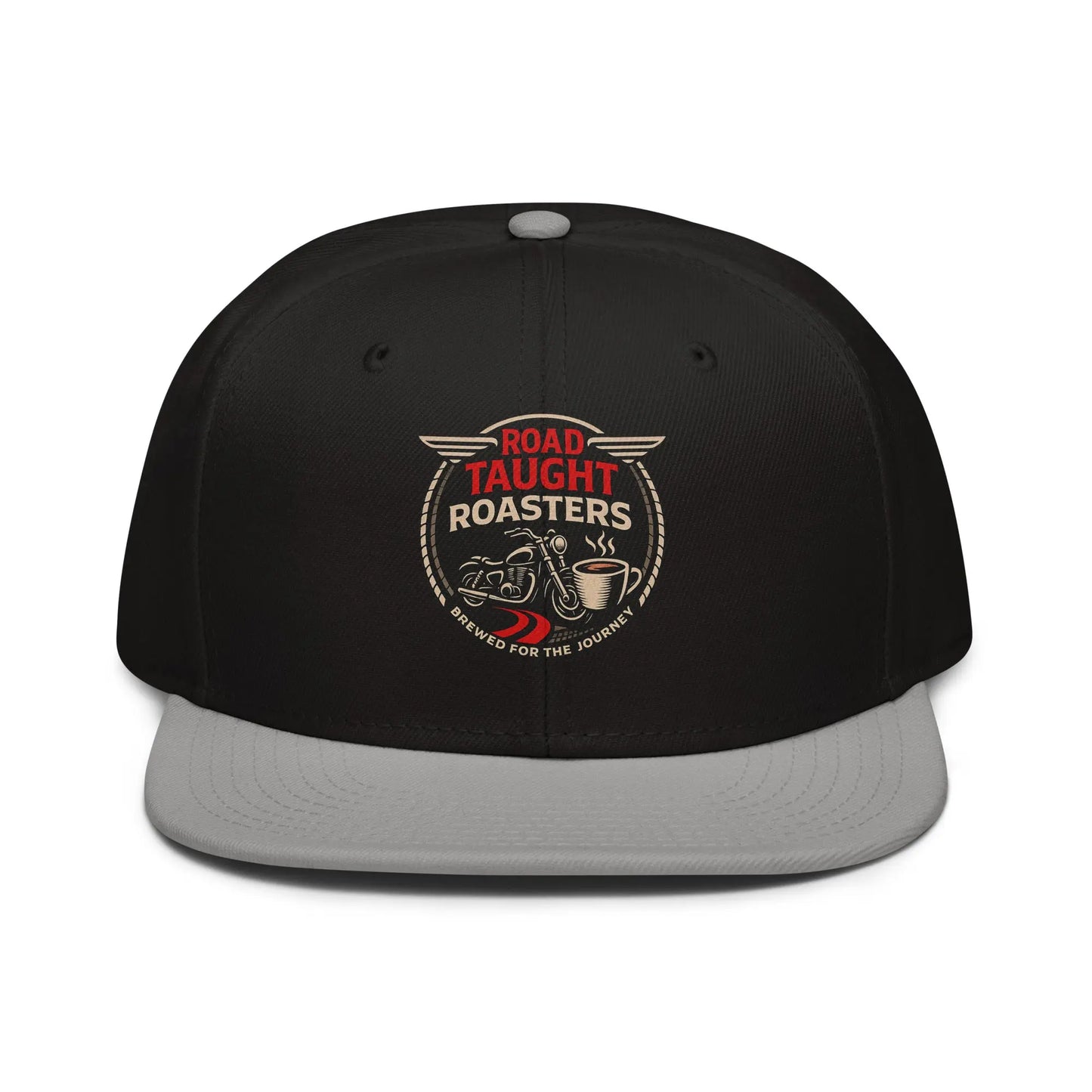 Black cap and gray brim with 'Road Taught Roasters' logo 