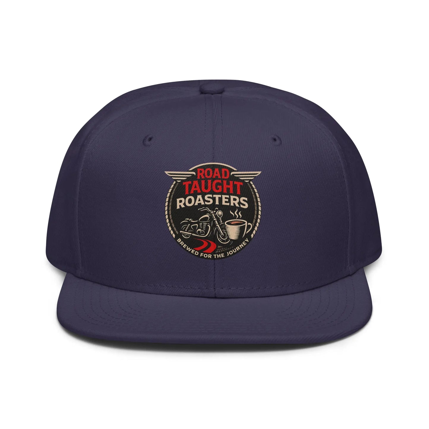 Navy blue cap with 'Road Taught Roasters' logo 