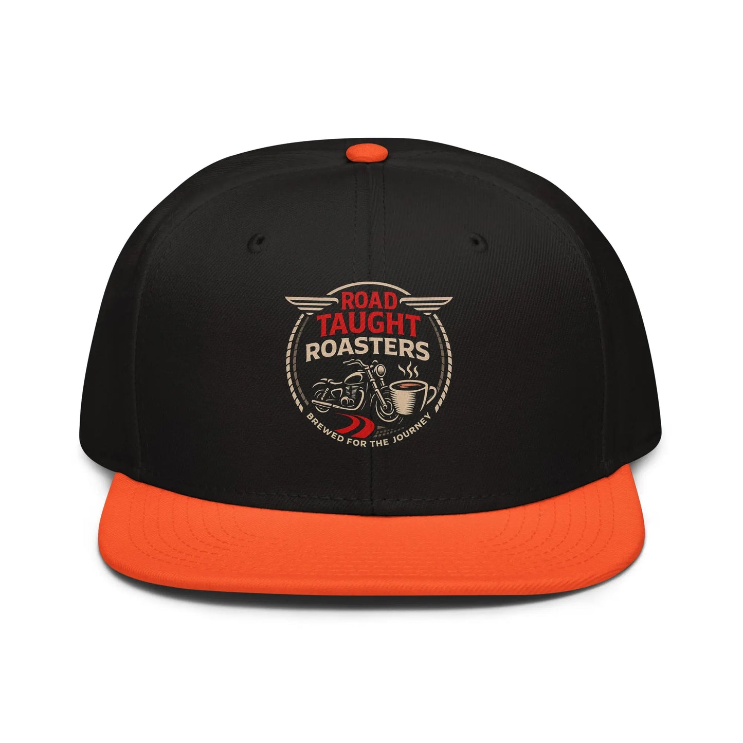 Black and orange cap with 'Road Taught Roasters' logo 