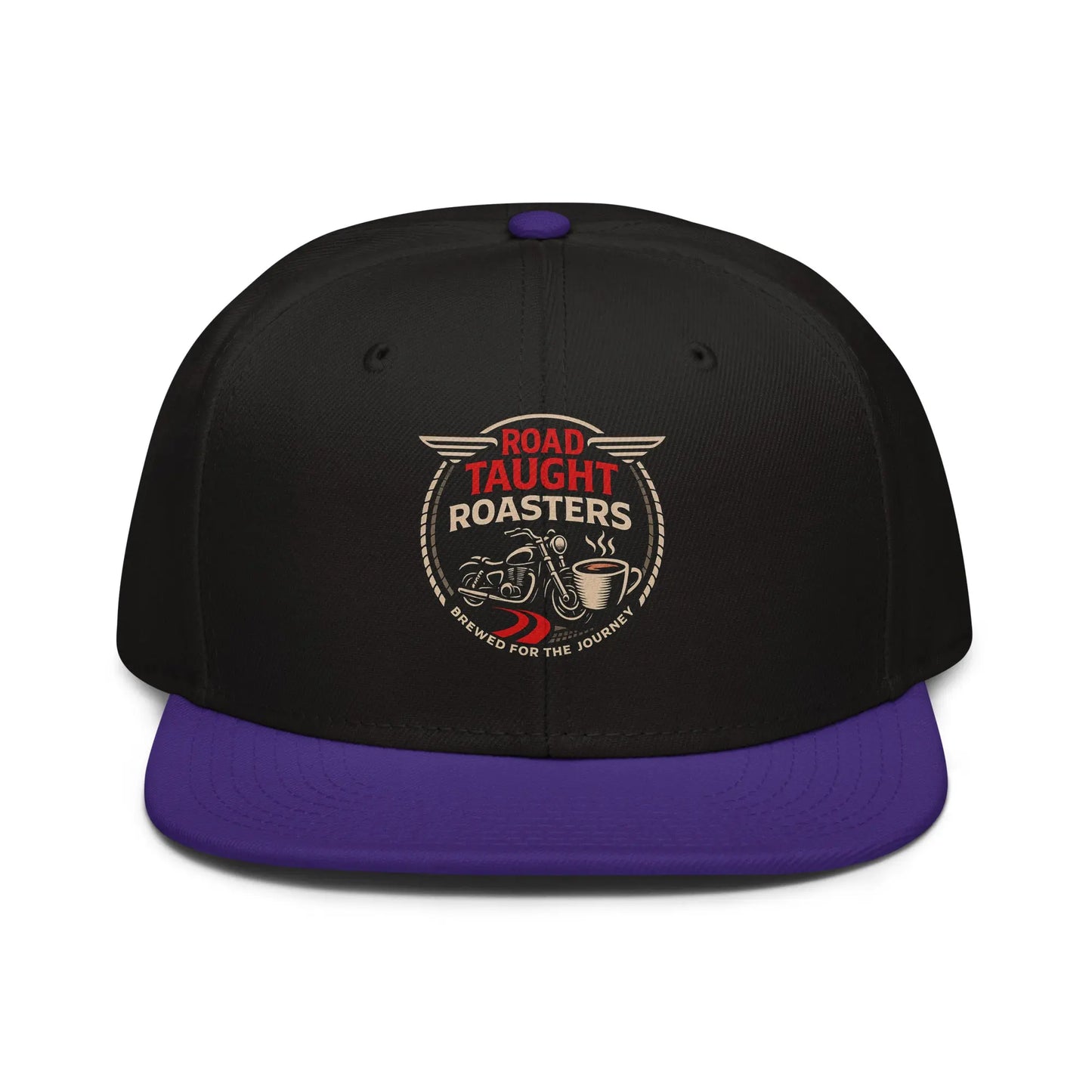 Black and purple cap with 'Road Taught Roasters' logo 