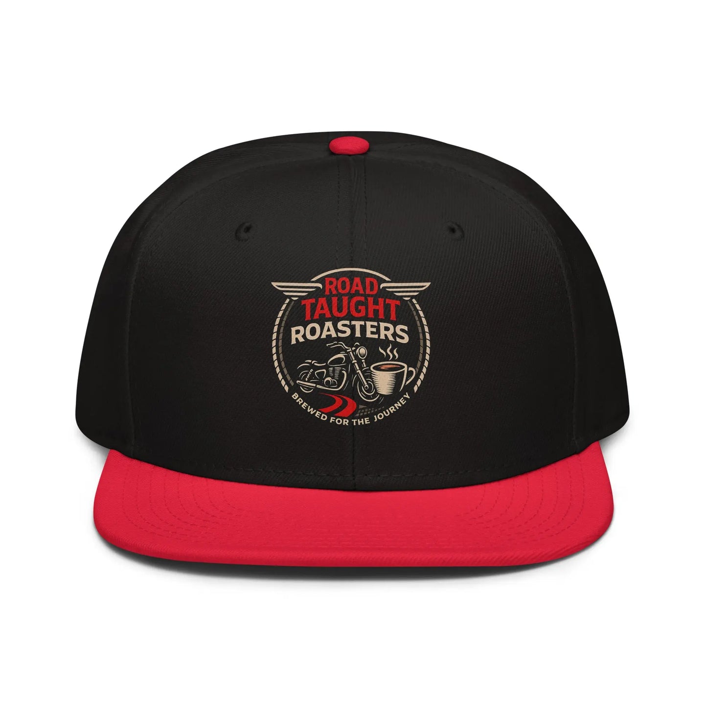 Black and red cap with 'Road Taught Roasters' logo 