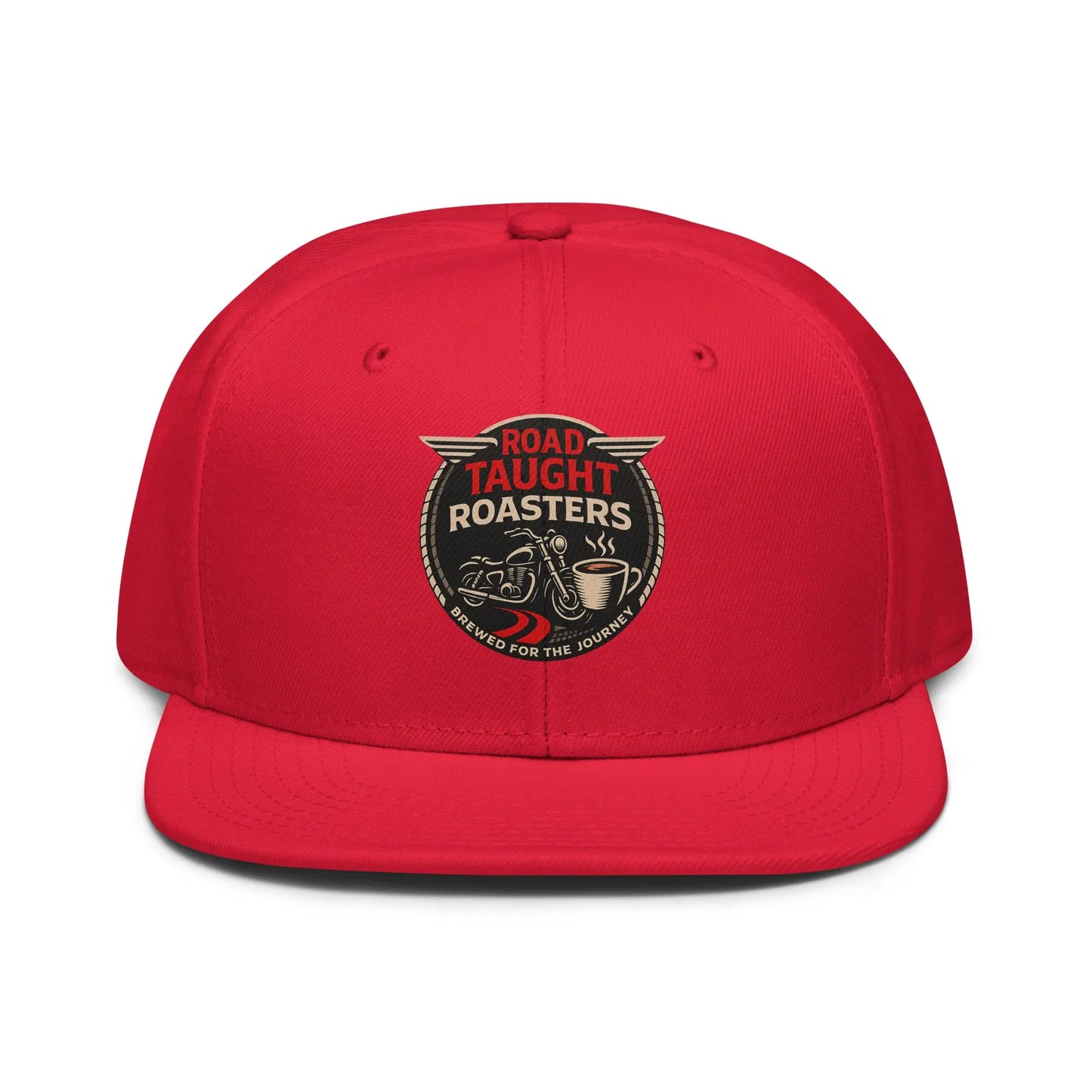 Red cap with 'Road Taught Roasters' logo 