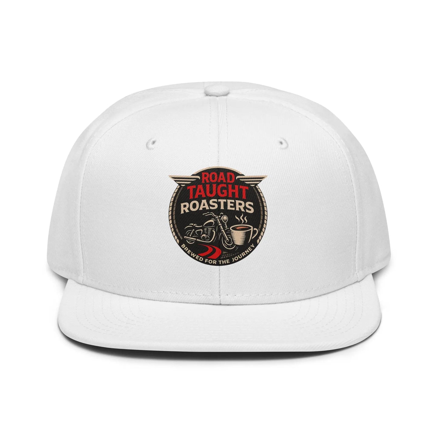 White cap with white brim featuring 'Road Taught Roasters' logo 