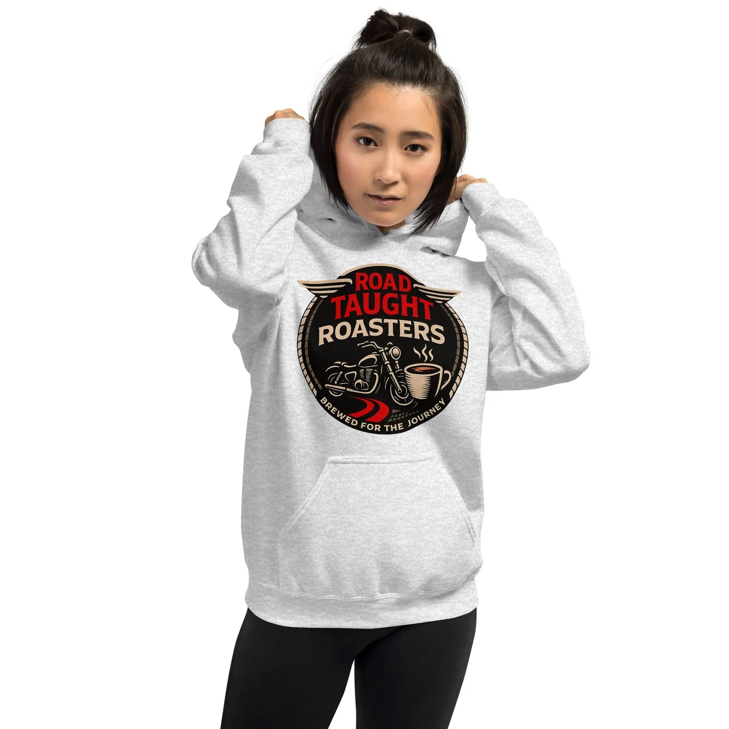 White hoodie with 'Road Taught Roasters' logo 