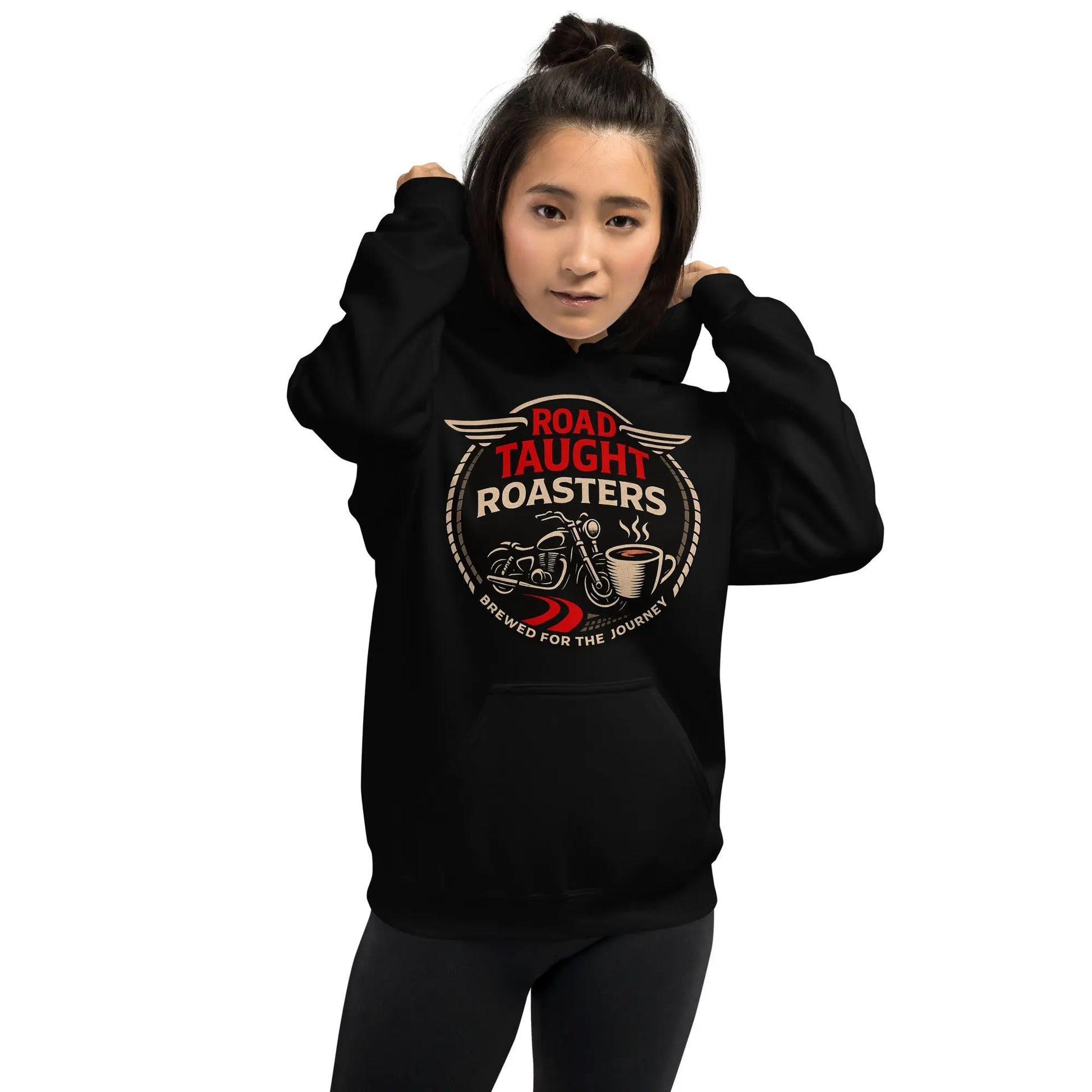 Black hoodie with 'Road Taught Roasters' logo 