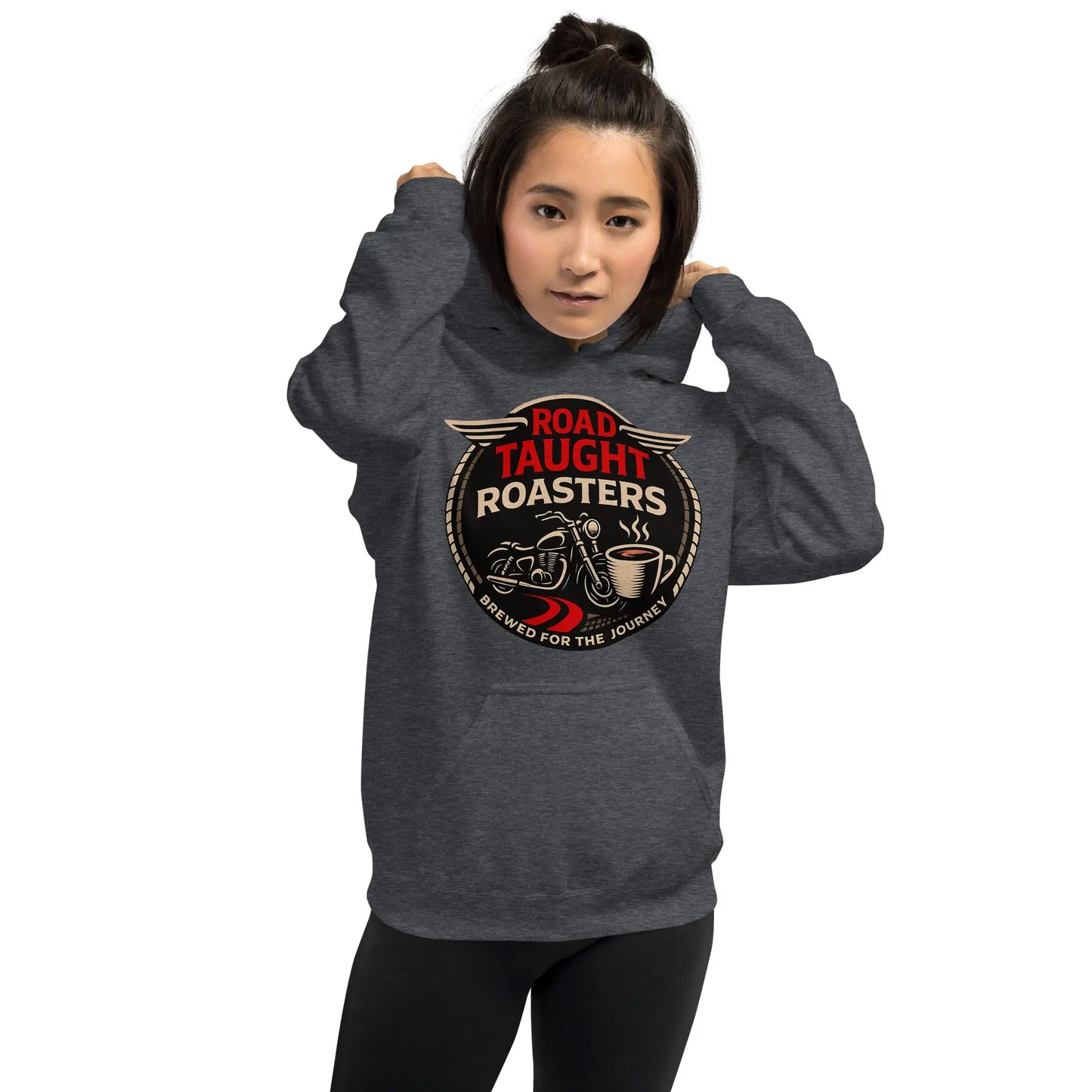 Dark gray hoodie with 'Road Taught Roasters' logo 