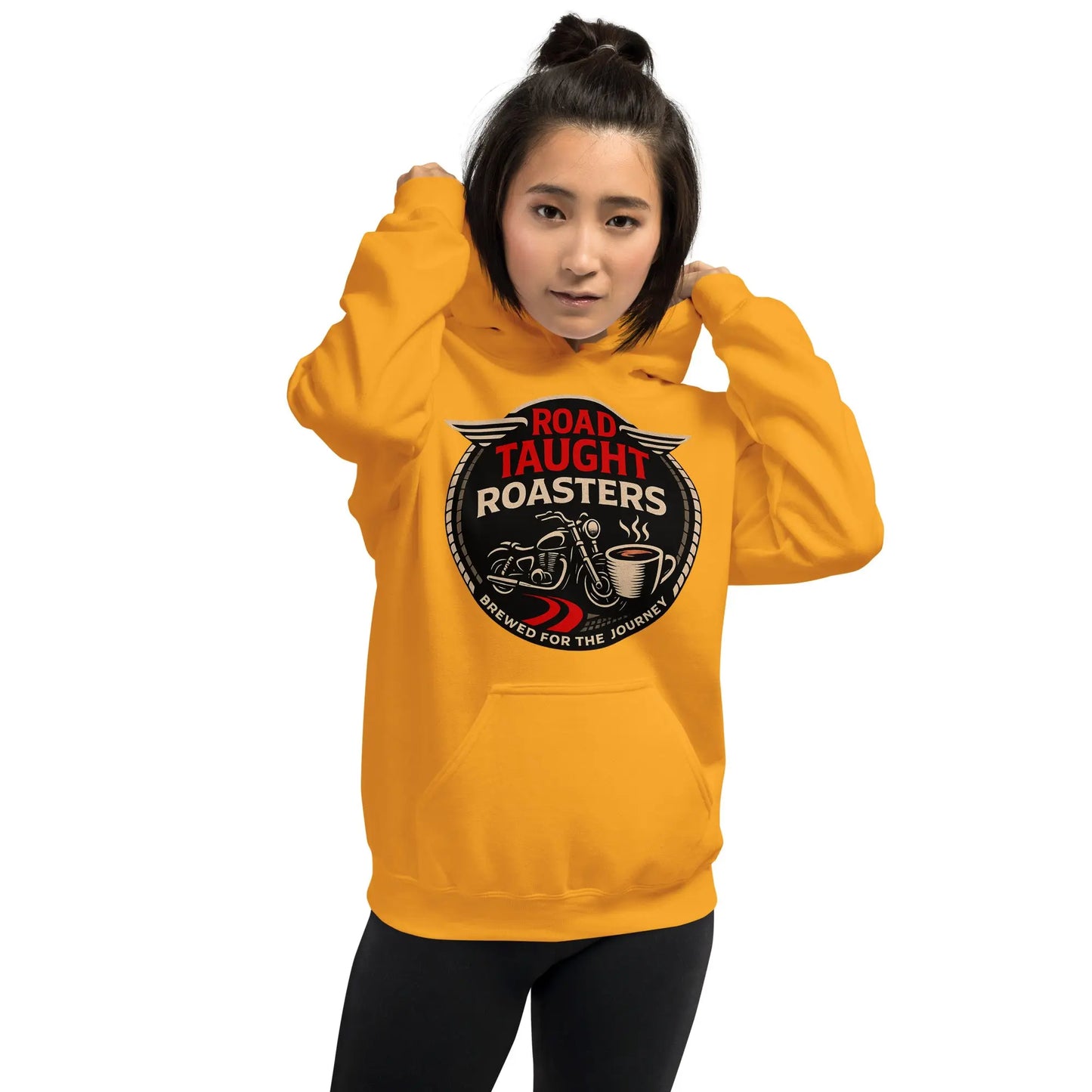 Yellow hoodie with a 'Road Taught Roasters' logo 