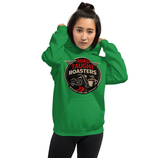Green hoodie with a 'Road Taught Roasters' logo 