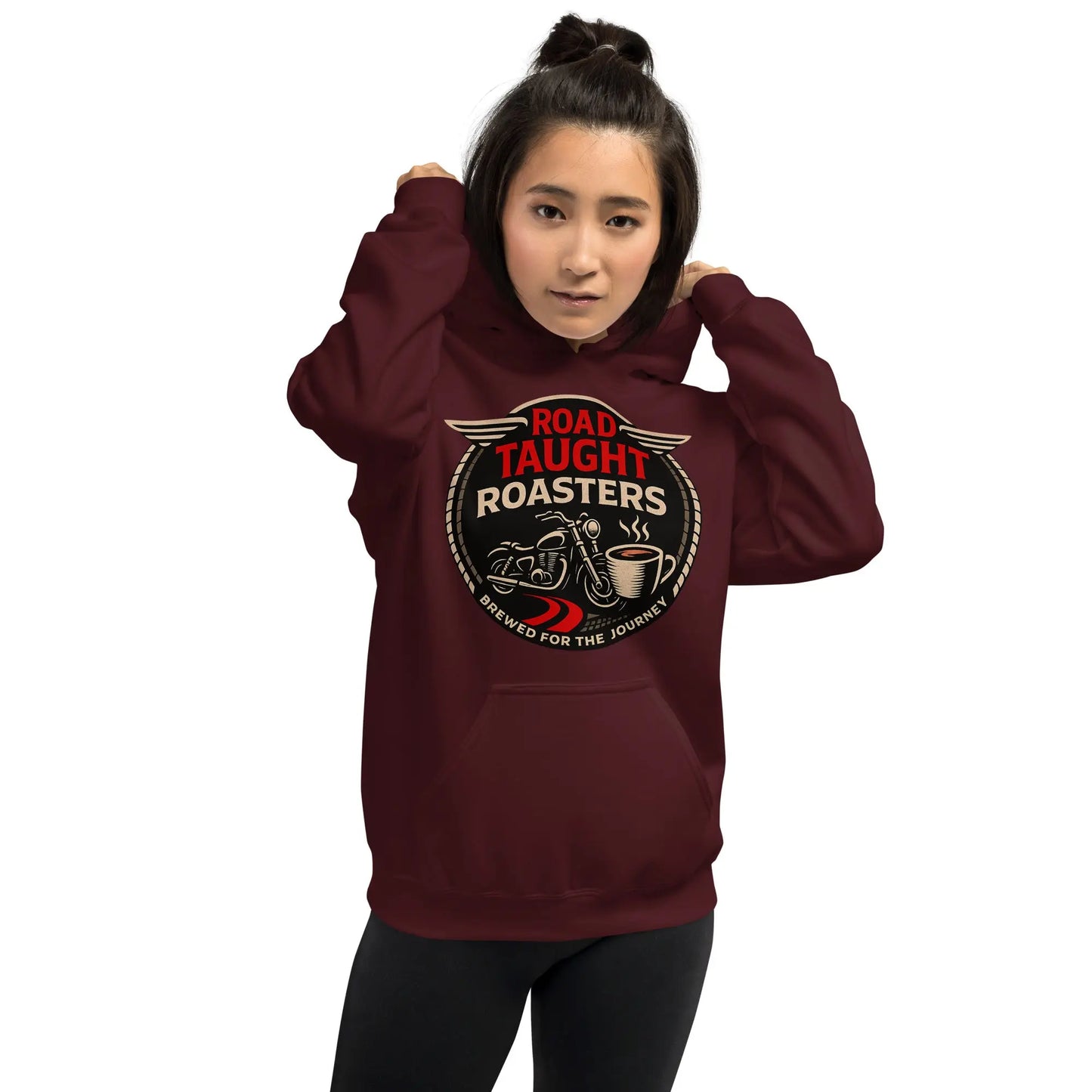 Maroon hoodie with a 'Road Taught Roasters' logo 