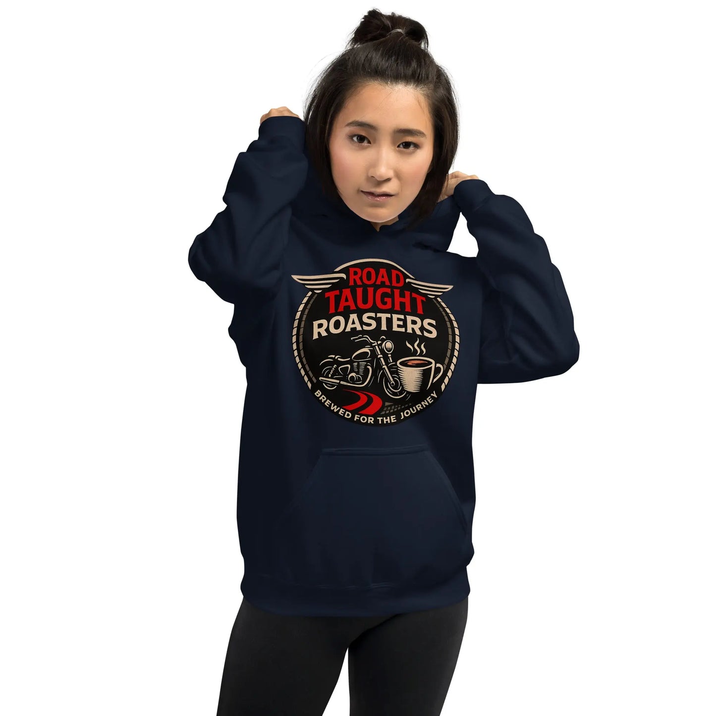 Navy blue hoodie with a 'Road Taught Roasters' logo 