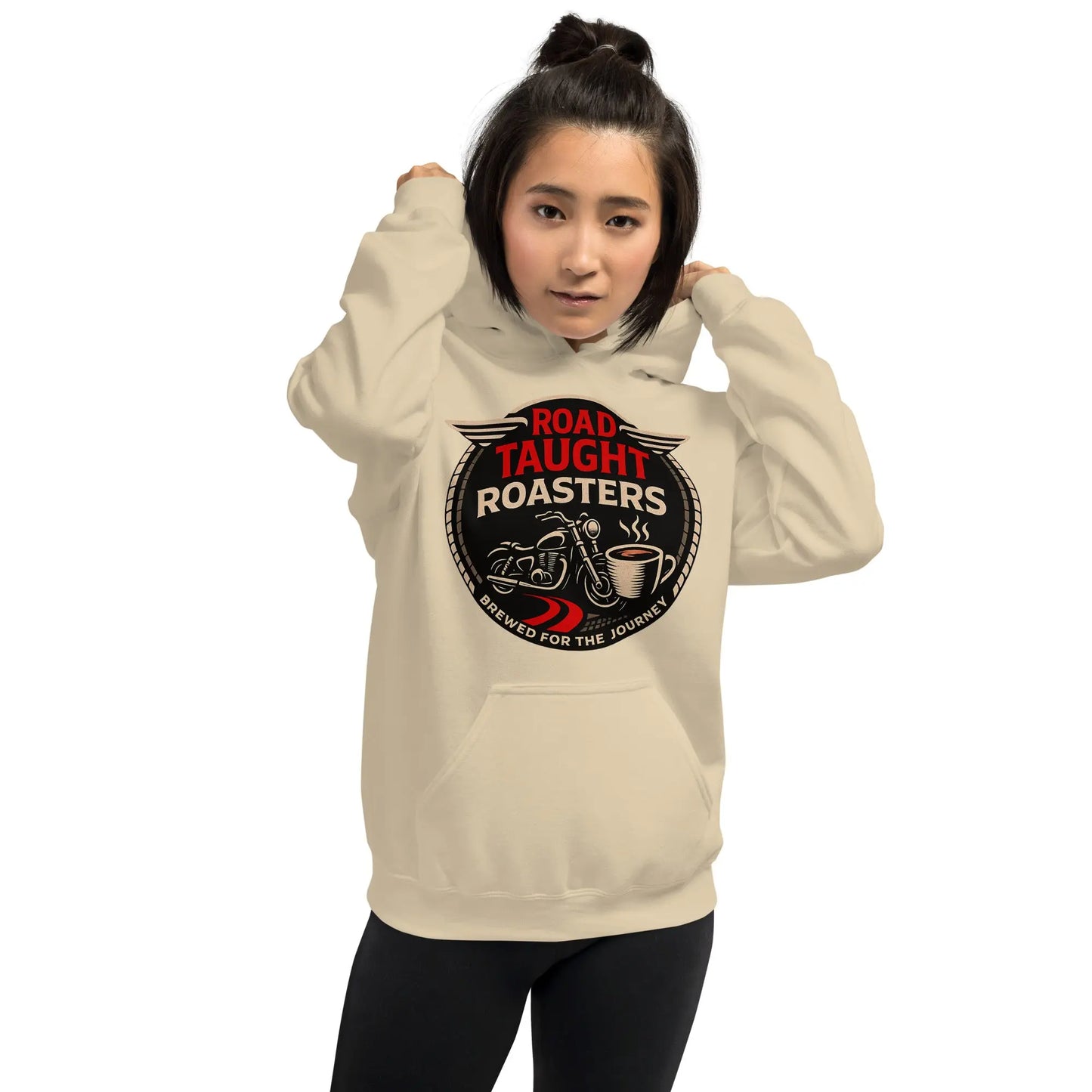 Beige hoodie with a 'Road Taught Roasters' logo 