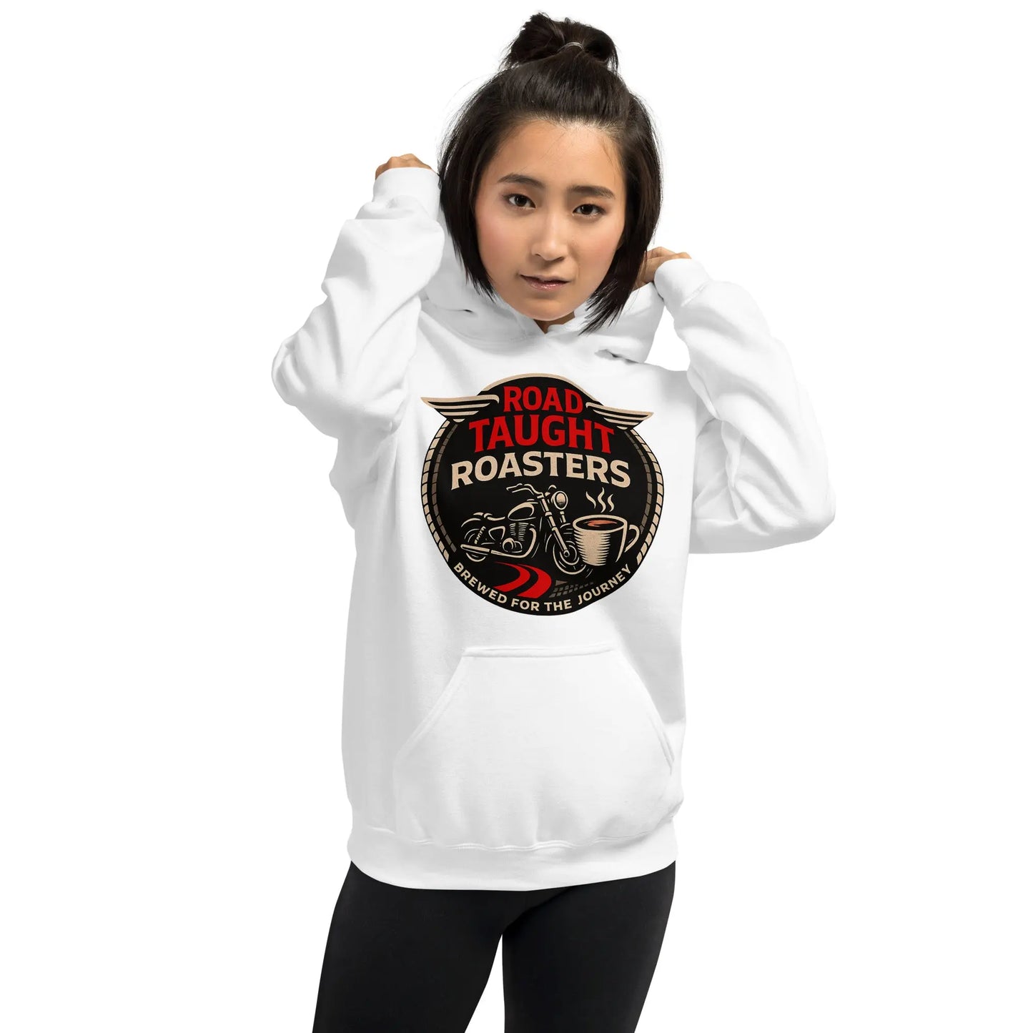 White hoodie with a 'Road Taught Roasters' logo 