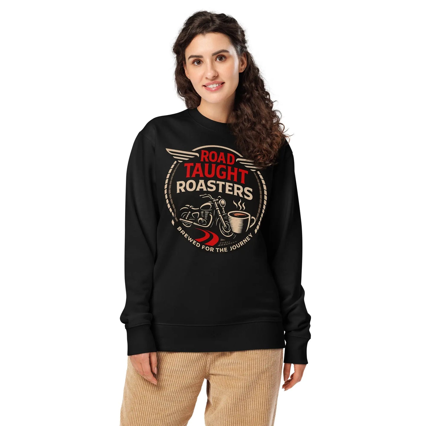 Black sweatshirt with 'Road Taught Roasters' logo 