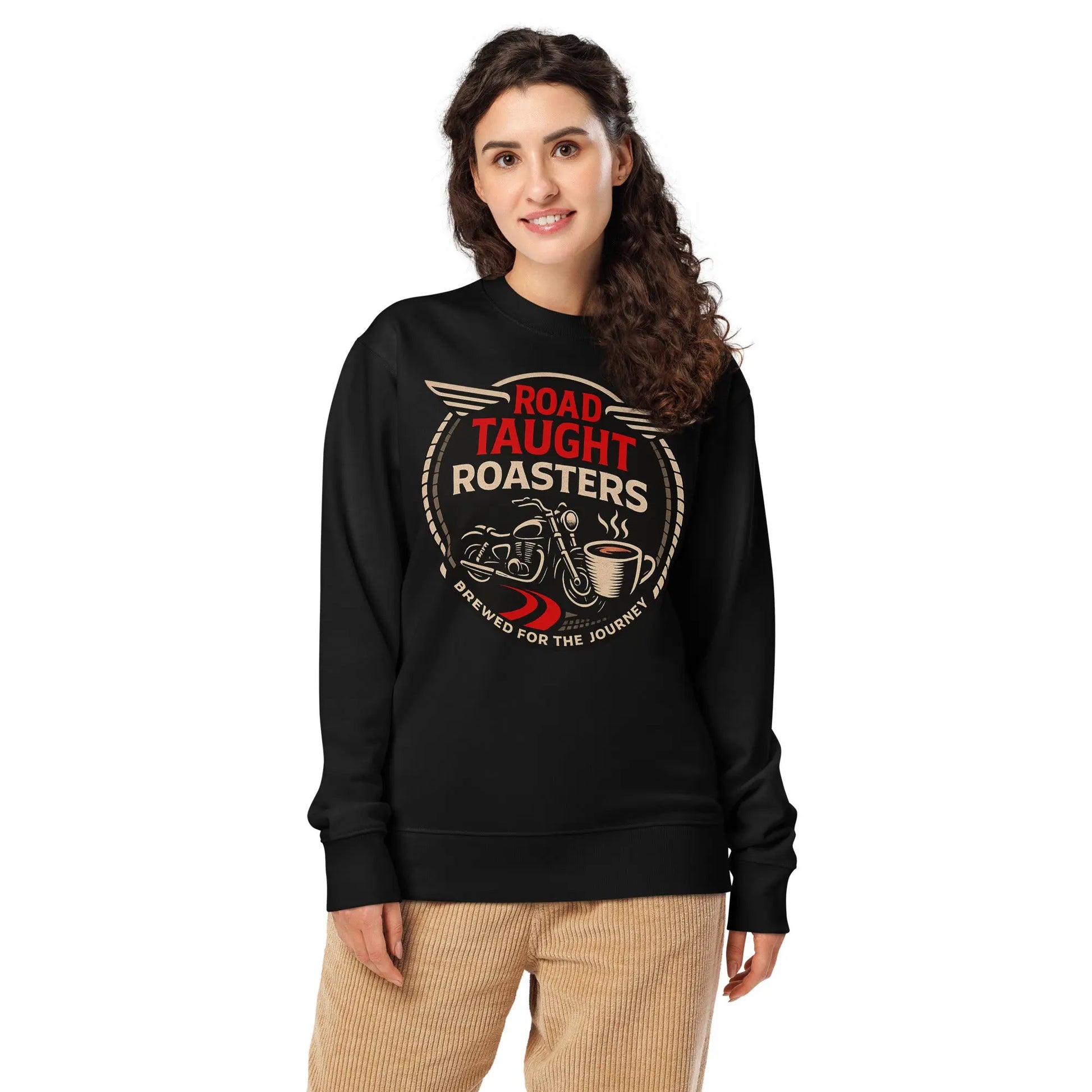 Black sweatshirt with 'Road Taught Roasters' logo 