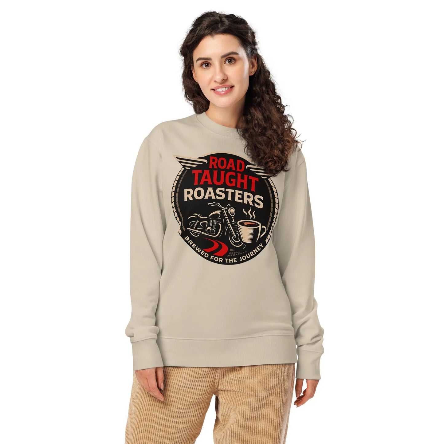 Beige sweatshirt with 'Road Taught Roasters' graphic design 