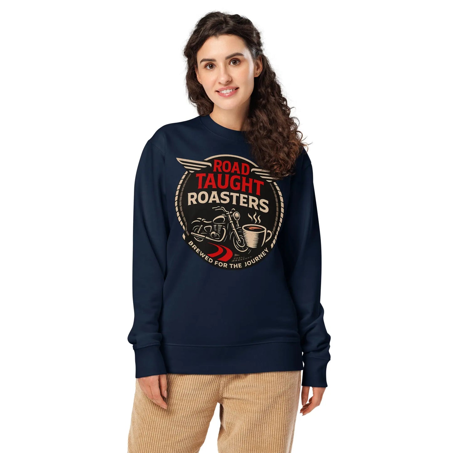 Navy blue sweatshirt with 'Road Taught Roasters' logo