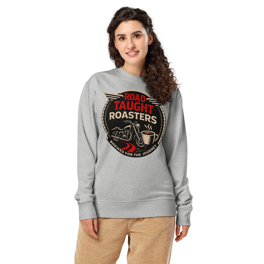 Gray sweatshirt with 'Road Taught Roasters' logo 