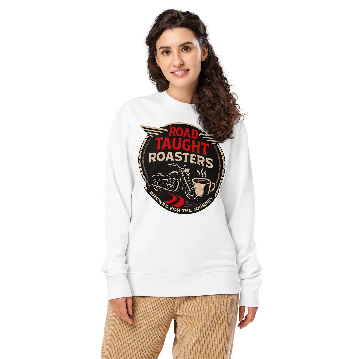 White sweatshirt with 'Road Taught Roasters' logo 