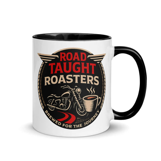 White coffee mug with black handle featuring 'Road Taught Roasters' design 