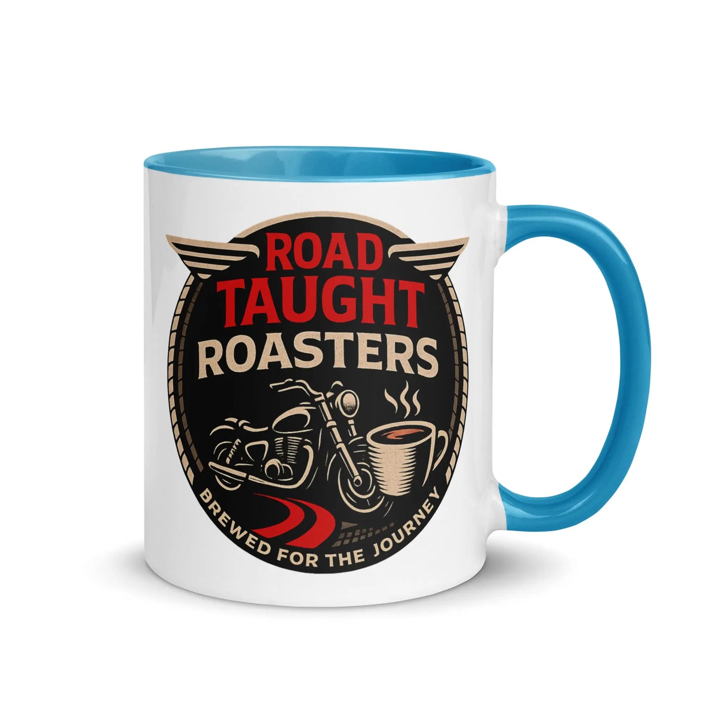 White coffee mug with light blue handle featuring 'Road Taught Roasters' design 