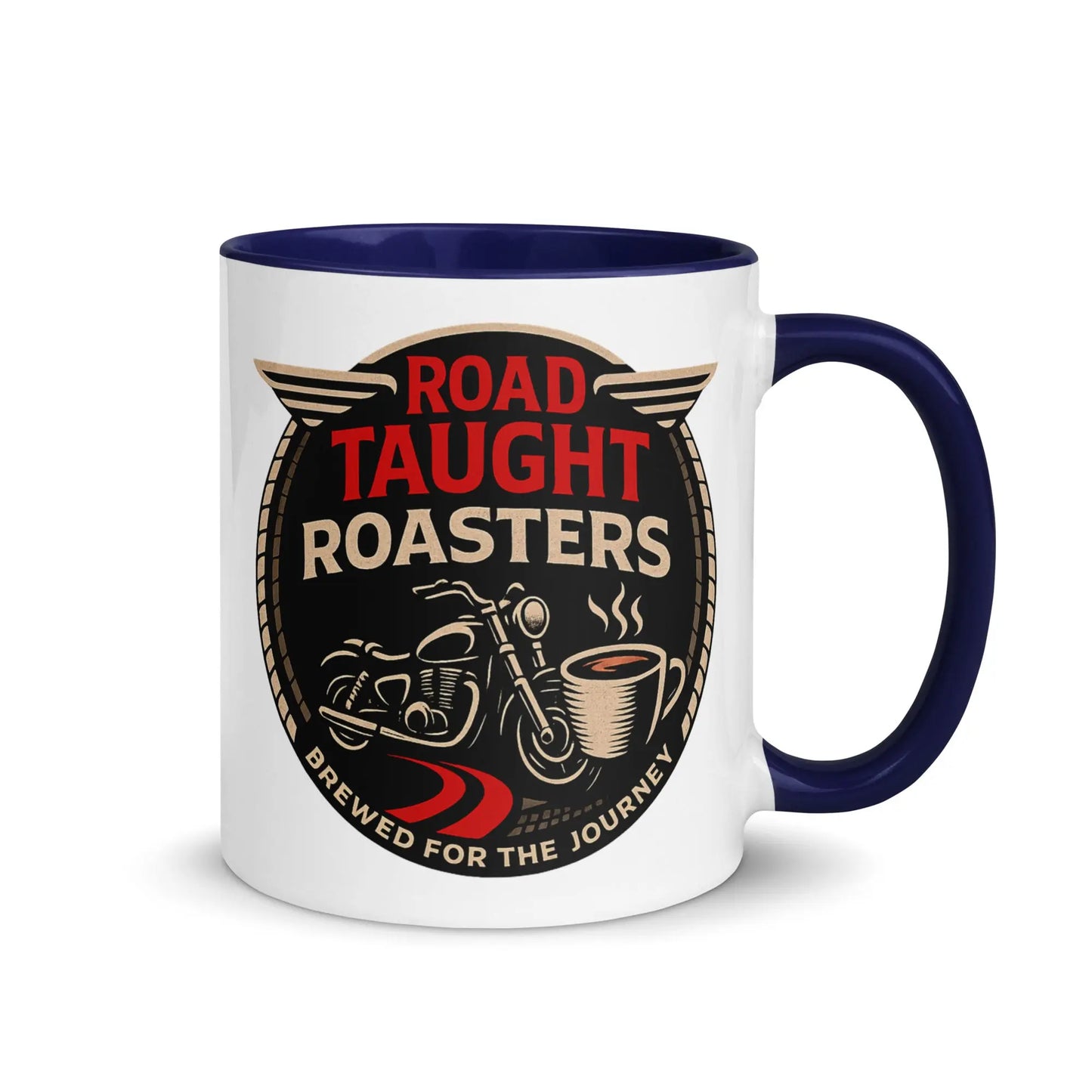 White coffee mug with blue handle featuring 'Road Taught Roasters' design 