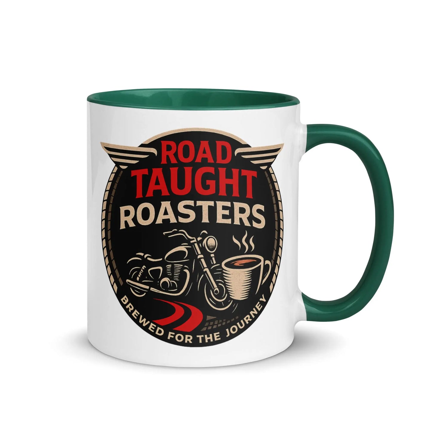 White coffee mug with green handle featuring 'Road Taught Roasters' design 
